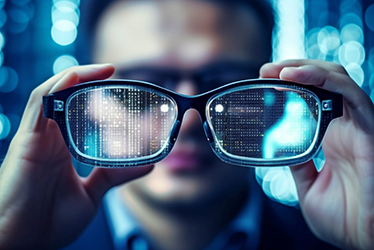 A man wearing high-tech smart glasses searches for a block chain